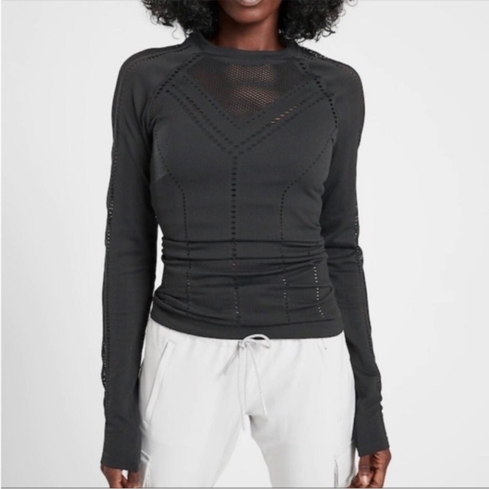 Athleta Black Long Sleeve Mesh-Detail Tee